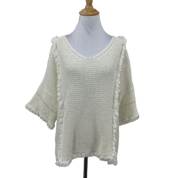 Lou & Grey Textured Weave Fringe Shirt Womens M Medium Cream Boho Mid Sleeve Top - Picture 1 of 11